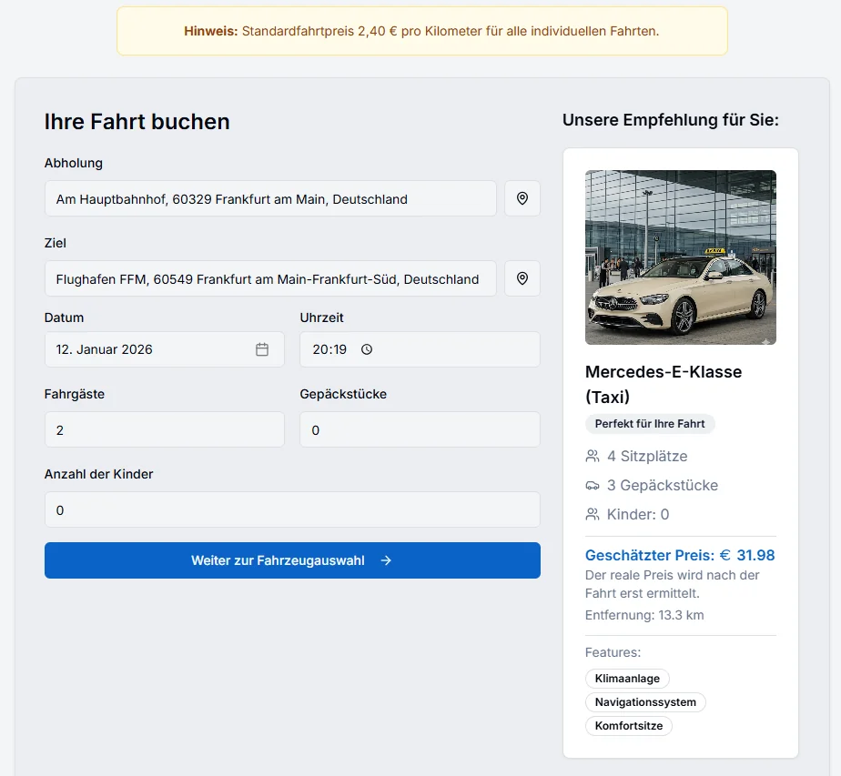 Taxi-Buchungssystem Interface - Live Demo Screenshot
